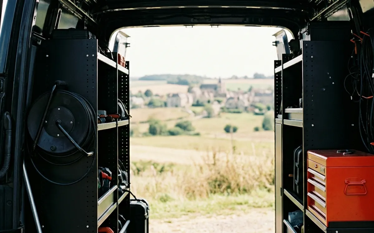 Vue depuis l'interieur d'un utilitaire de service, portes ouvertes sur un paysage rural, materiel bien range